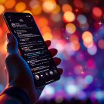 Main et smartphone devant un arrière-plan de scène illuminée